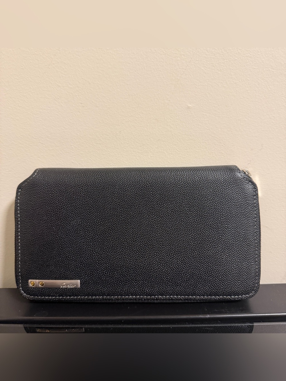 Cartier Black Leather Zip Wallet with Silver Hardware